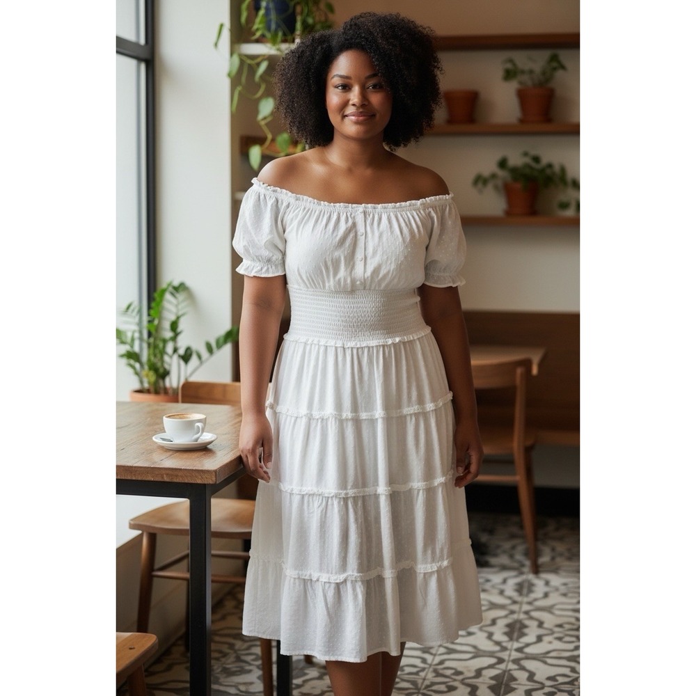 VENUS White Swiss Dot Tiered Midi Dress Smocked Waist Puff Sleeve Size M